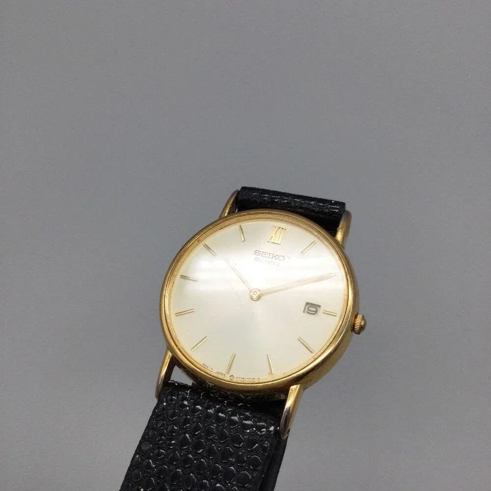 Vintage Seiko 5Y39-7010 Mens Watch 31mm Cream Dial Black Leather Not Running